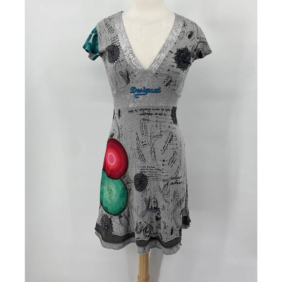Desigual Nagore Mini Dress Sketchbook Pattern Fit & Flare V Neck Grey Womens S - Picture 2 of 16